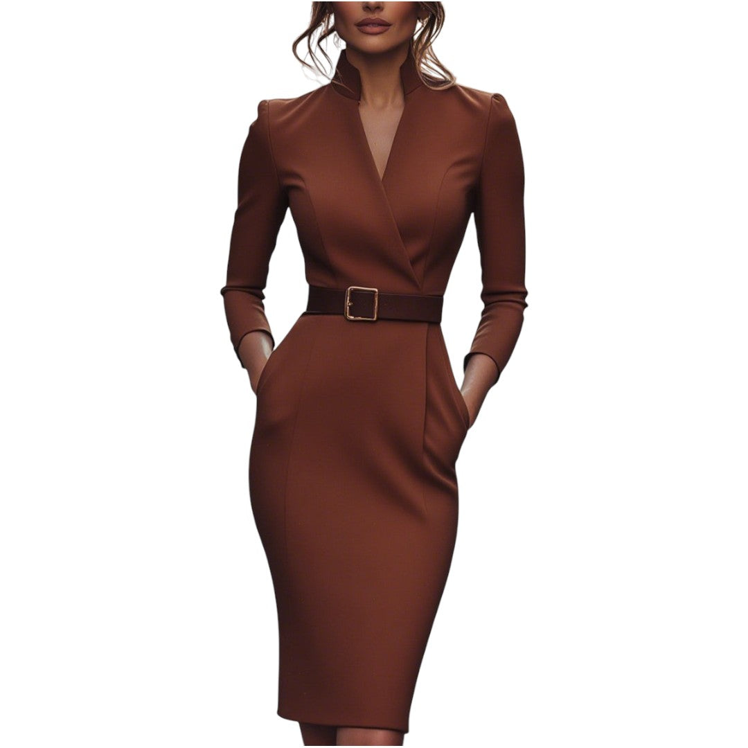 Marina | Edles schwarzes Kleid mit Gürtel und Mandarin-Kragen