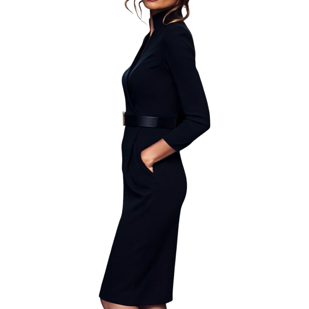 Marina | Edles schwarzes Kleid mit Gürtel und Mandarin-Kragen