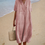 Light Blue Linen Dress with V-Neck