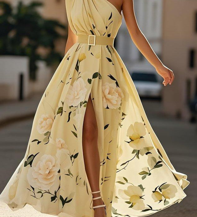 Amelie | Maxikleid Chiffon mit Blumenmuster mit freien Schultern hellgrün