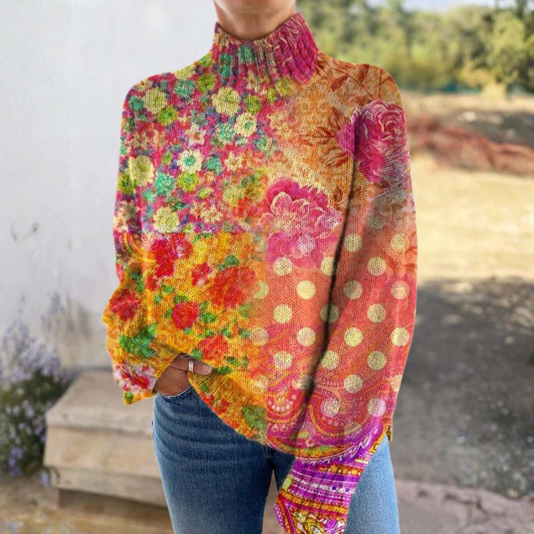 Nora - Maglione a collo alto in maglia a pois floreali