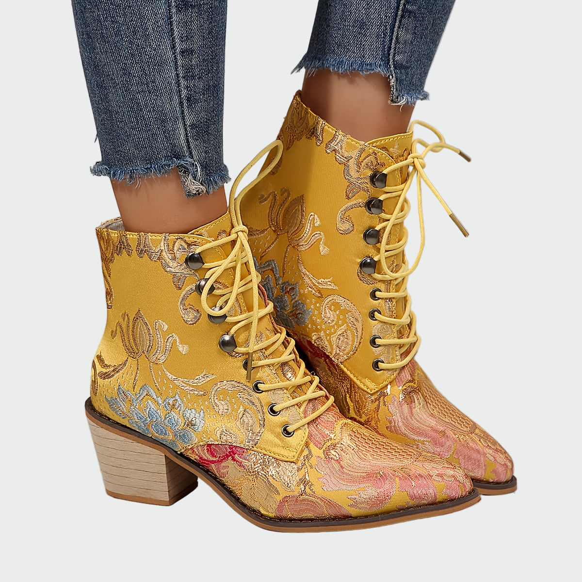 Hannah - Floral Faux Leather Ankle Boots