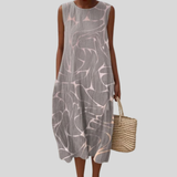 Gray Linen Dress with Abstract Pattern