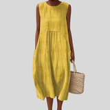 Yellow Linen Dress with V-Neck