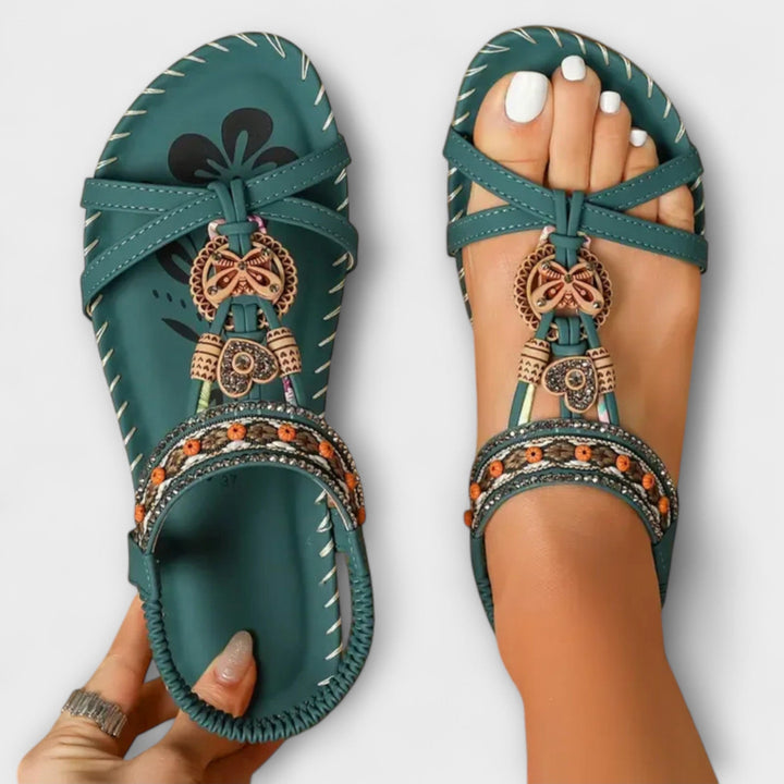 Walburga - Green Sandals with Decorative Buckle