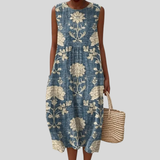 Dark Blue Dress with Floral Embroidery