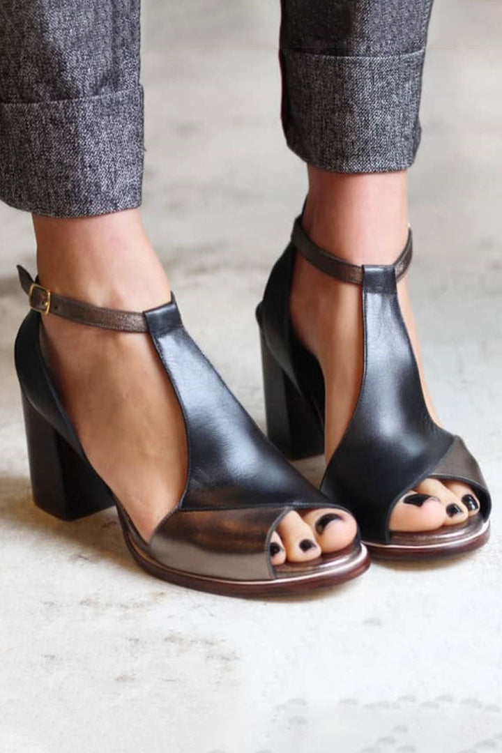 Heidi - Black Patchwork Open-Toe High-Heel Sandals