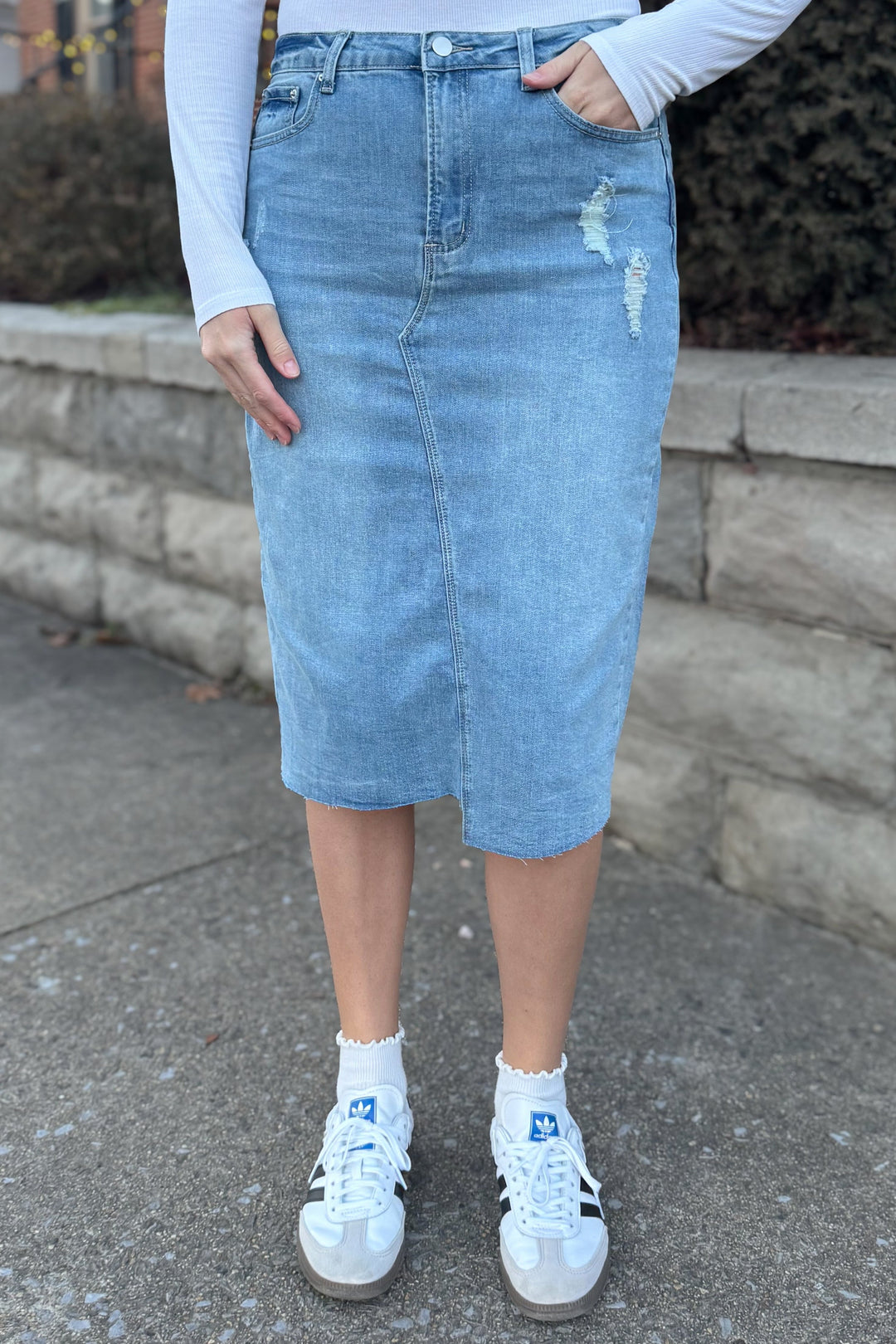 The Presley Distressed Denim Skirt in Md. Wash (FINAL SALE)