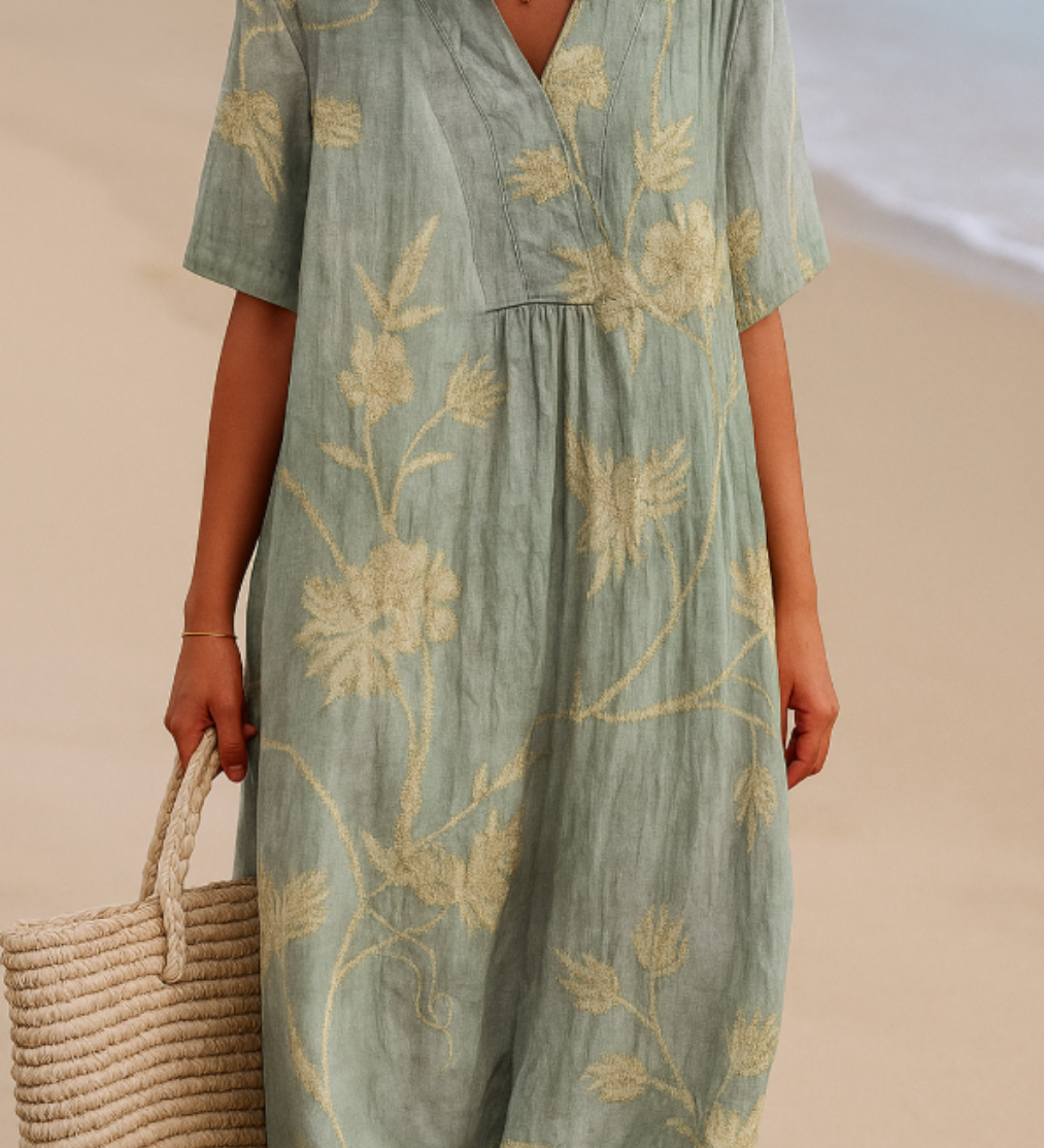 Matilda Rose - Blue-Grey Dress with Floral Embroidery