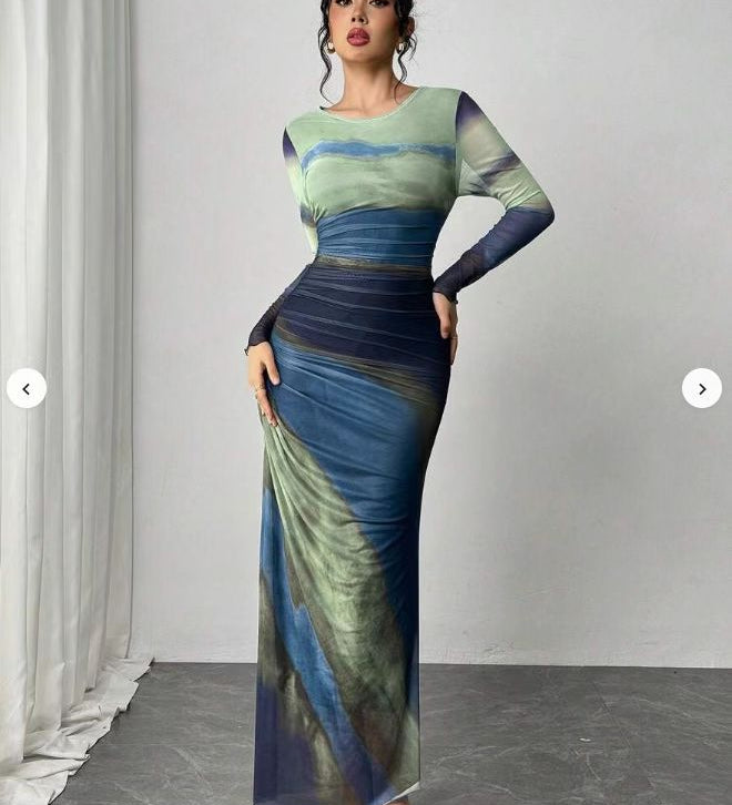 Natalia | Comfortable Printed Long Sleeve Maxi Bodycon Dress