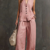 Two-Piece Cotton and Linen Set with Sleeveless Waistcoat and Wide-Leg Trousers