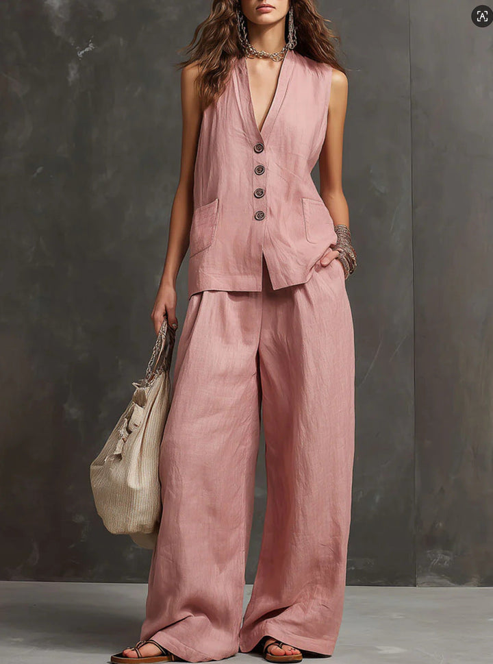 Two-Piece Cotton and Linen Set with Sleeveless Vest and Wide-Leg Trousers