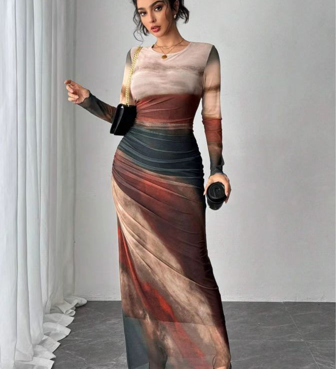 Natalia | Comfortable Printed Long Sleeve Maxi Bodycon Dress
