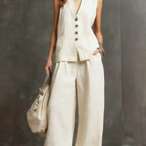 Two-Piece Cotton and Linen Set with Sleeveless Waistcoat and Wide-Leg Trousers