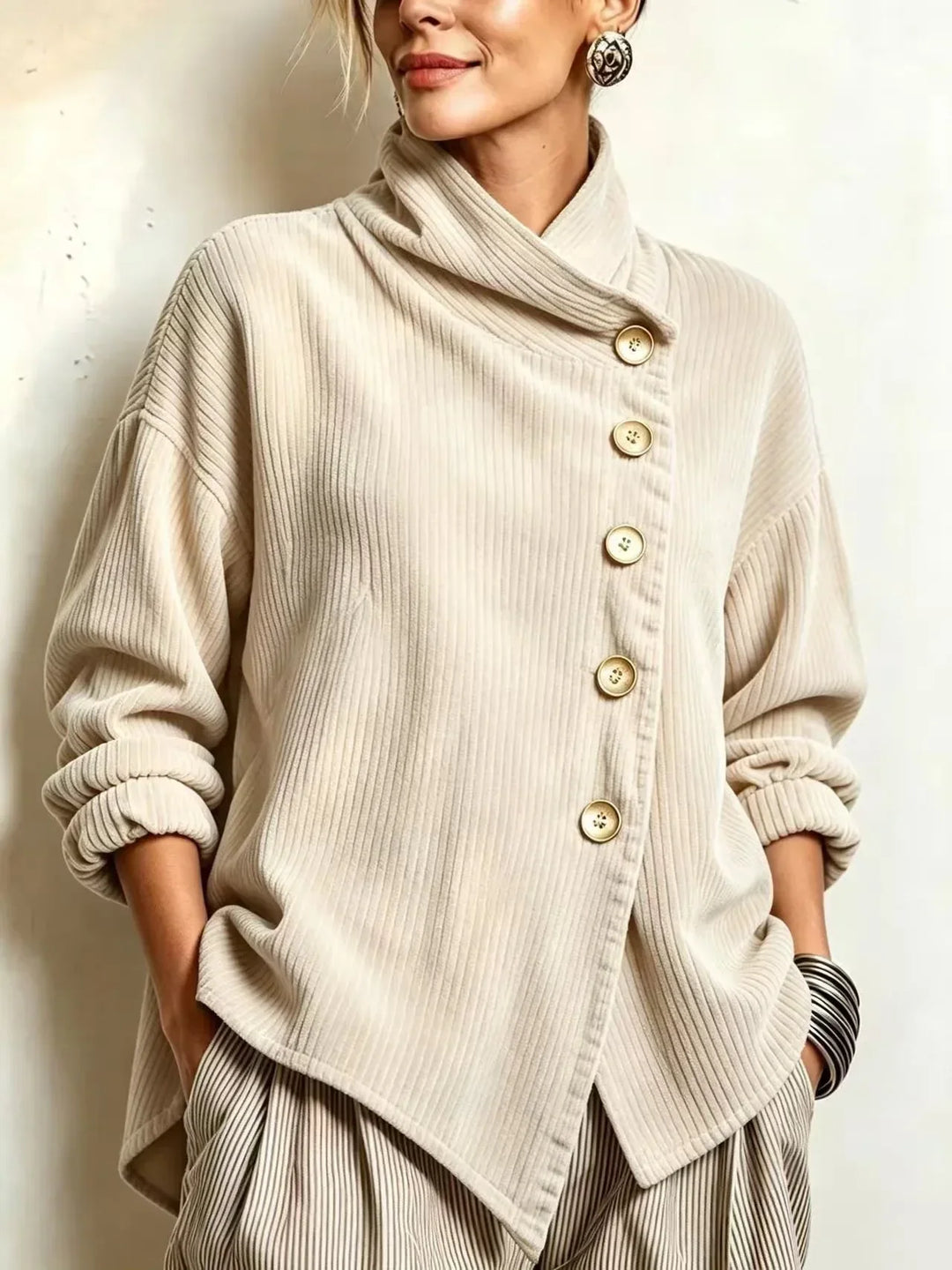 AVERY | Top Button-Up in Corduroy con Collo Avvolgente per Donna