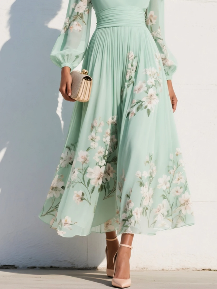 Lucija - Light Green Midi Chiffon Dress with Floral Pleats