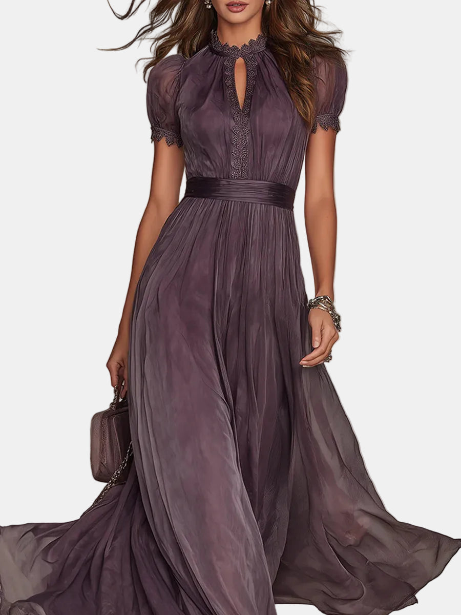 Flavia – Long Purple Dress with Cut-Out and Lace Finish