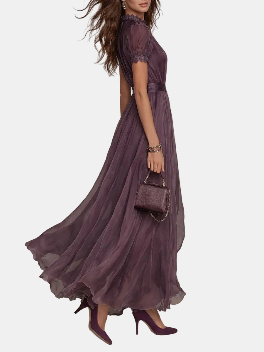 Flavia – Long Purple Dress with Cut-Out and Lace Finish