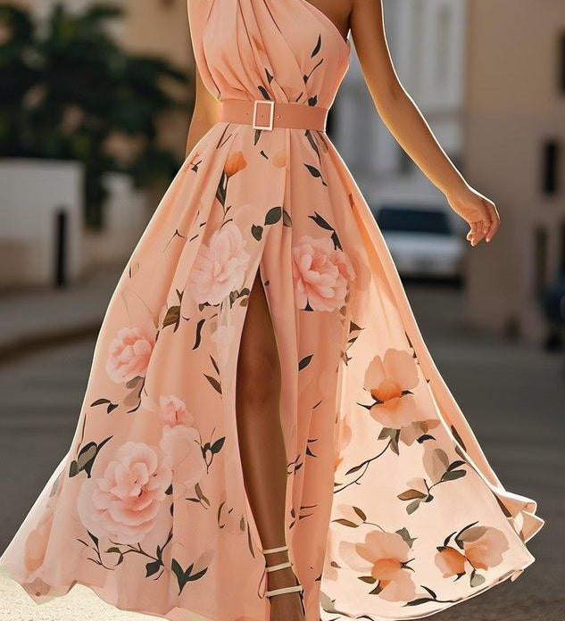 Amelie | Maxikleid Chiffon mit Blumenmuster mit freien Schultern hellgrün
