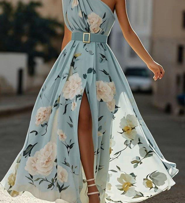 Amelie | Maxikleid Chiffon mit Blumenmuster mit freien Schultern hellgrün