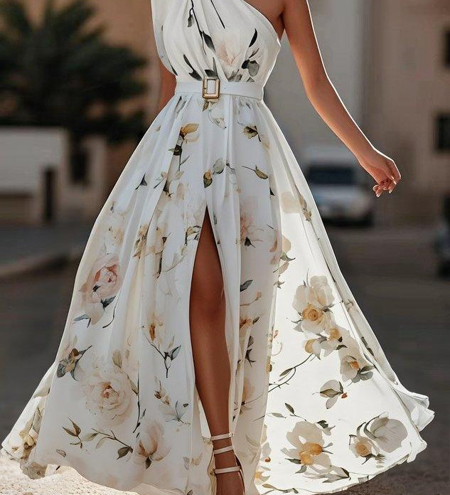 Amelie | Maxikleid Chiffon mit Blumenmuster mit freien Schultern hellgrün