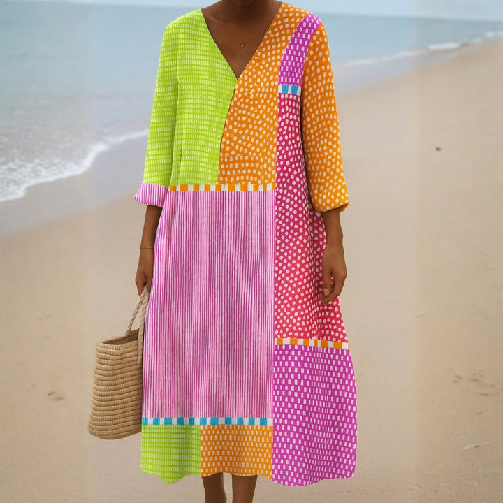 Florence - Colourful Patchwork Dress with Dots and Stripes