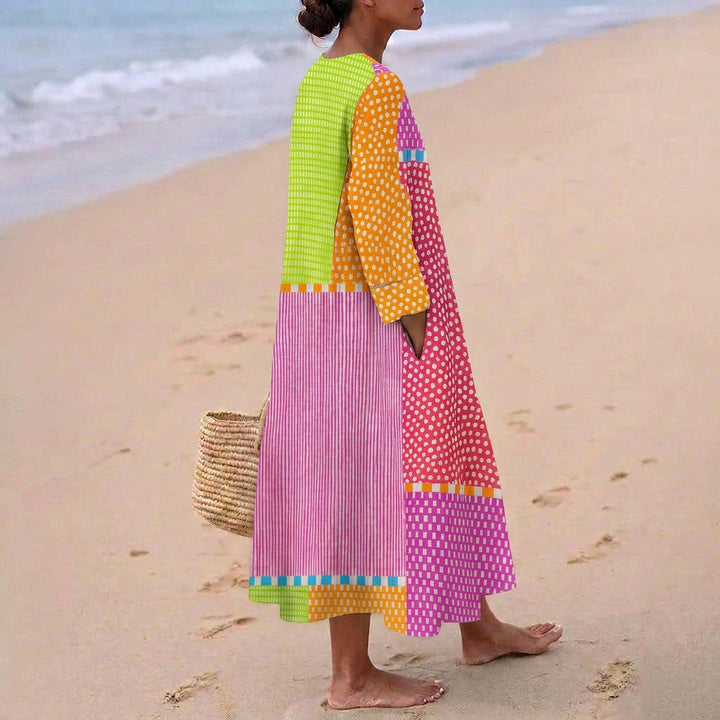 Florence - Colourful Patchwork Dress with Dots and Stripes
