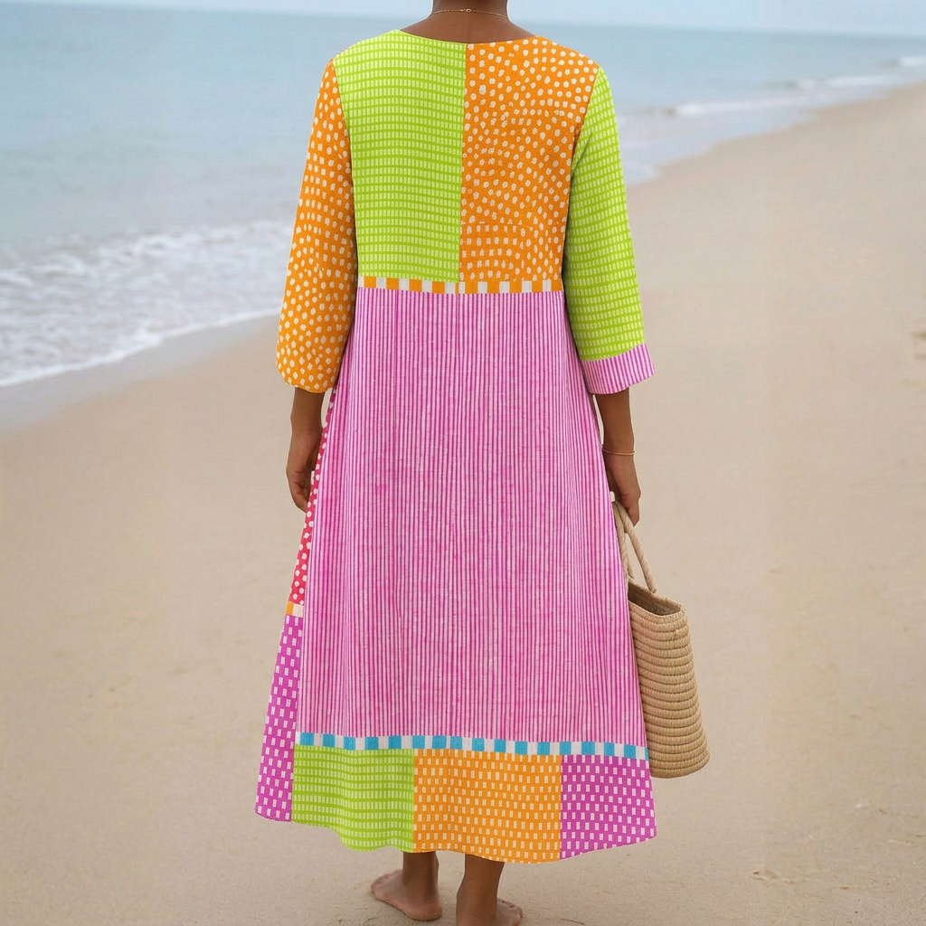 Florence - Colourful Patchwork Dress with Dots and Stripes
