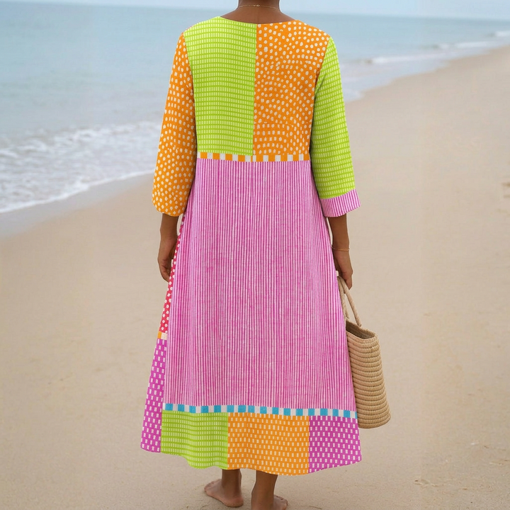 Florence - Colourful Patchwork Dress with Dots and Stripes