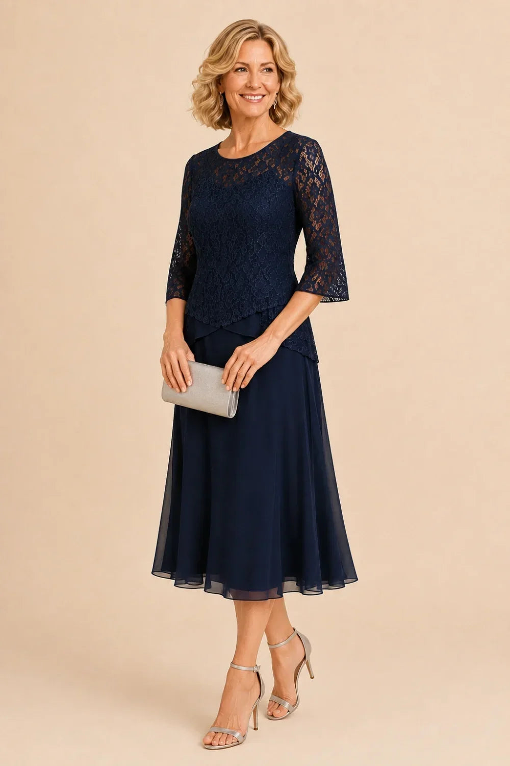 Beaded Lace Asymmetric Tea-Length Chiffon Dress
