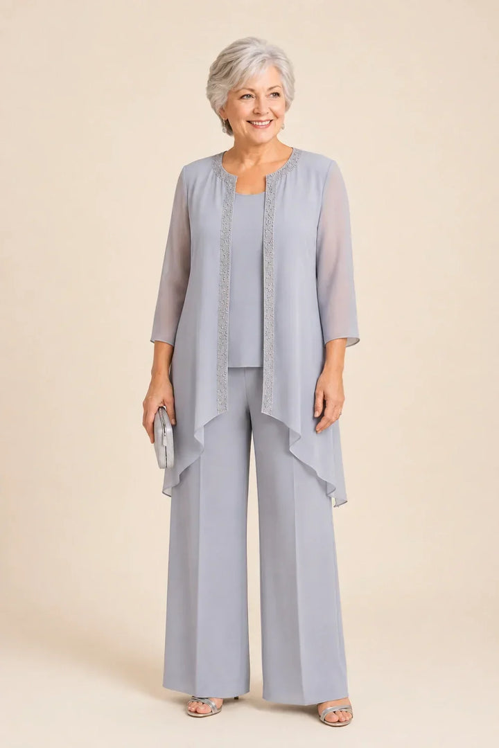 Beaded Three-Piece Chiffon Pant Suit with Draped Jacket