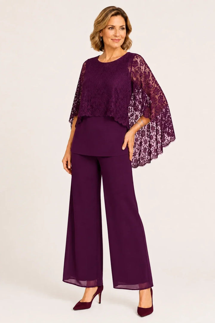 Lace Cape Mother of the Bride Pant Suit with Wide Legs