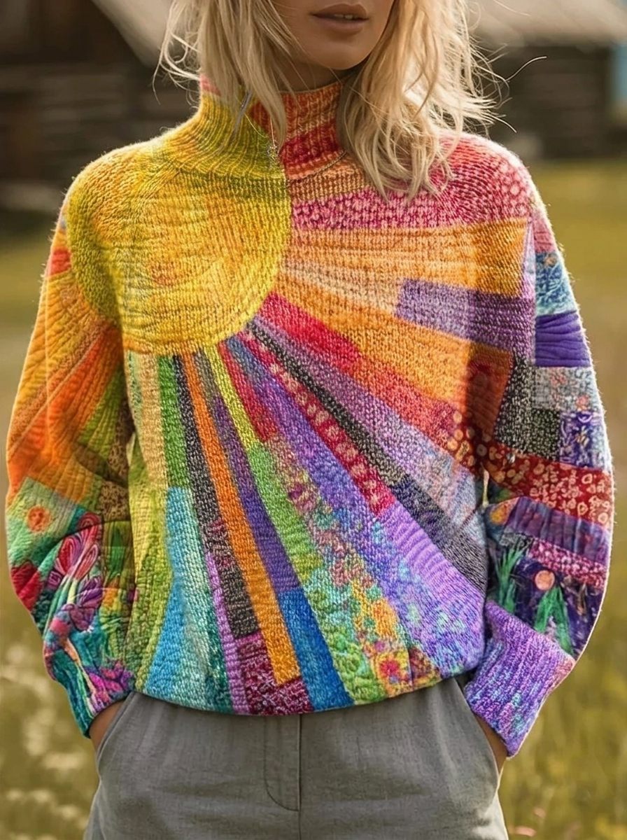 HANNAH | Maglione da Donna con Collo Alto e Stampa Sunburst