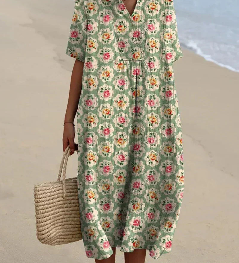 Molly - Retro Floral Dress in Aqua Green